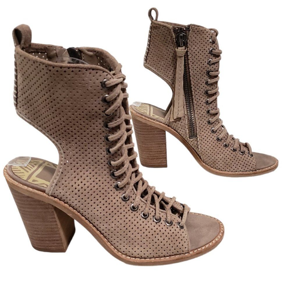 Dolce Vita Womens 6.5 Tan Suede Peep Toe Perforated Block Zip Cutout Lace Boots